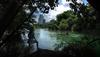 	Hiker Overlooking Barton Creek Boaters and the Downtown Skyline - Lady Bird Lake - Austin - Texas.