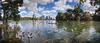 	Panorama of Boaters on Barton Creek at Lady Bird Lake under the Downtown Skyline - Austin - Texas.