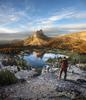 	Hiker Overlooking Upper Cathedral Lake and Cathedral Peak - John Muir Trail